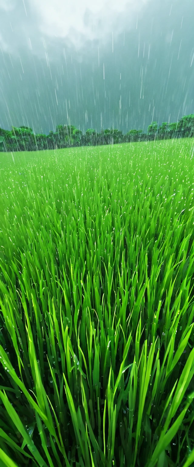 grass field while contemplating, detailed expression, heavy rain weather, the rain, the field is transformed into a dreamlike landscape straight out of a Studio Ghibli movie. The delicate details and vibrant colors make this a truly unique and captivating image. angle from below, sunlight ray,