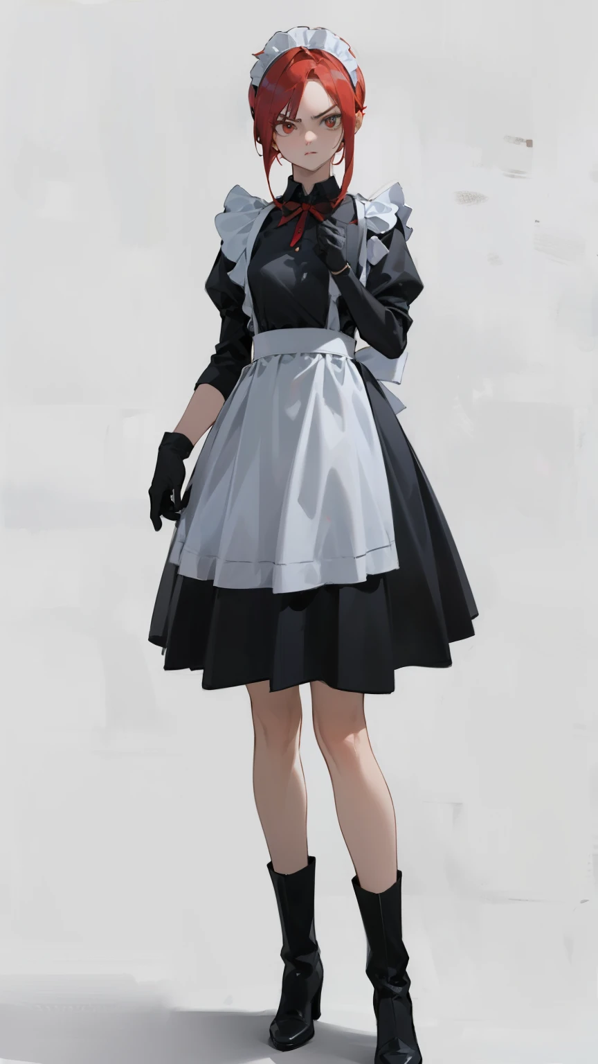 (masterpiece, best quality, super detailed, beautiful eyes beautiful details eyes, Clean and delicate face), solo, (Red bob hair, red eyes), (maid costume, white maid headband, mini skirt), thigh, black gloves, army boots, (whole body, standing posture, glaring at the viewer), simple background