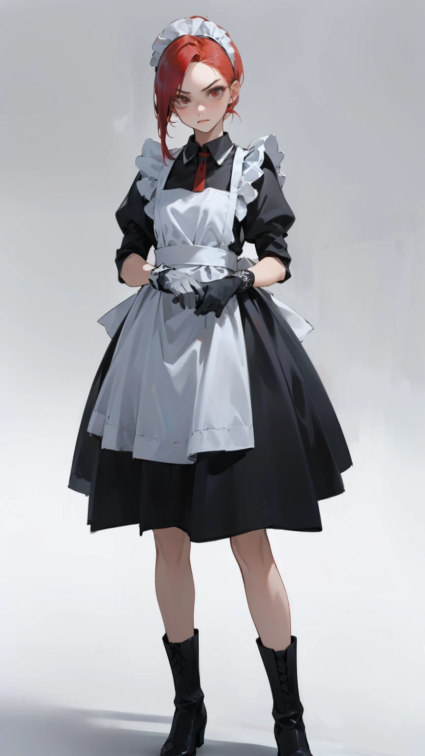 (masterpiece, best quality, super detailed, beautiful eyes beautiful details eyes, Clean and delicate face), solo, (Red bob hair, red eyes), (maid costume, white maid headband, mini skirt), thigh, black gloves, army boots, (whole body, standing posture, glaring at the viewer), simple background