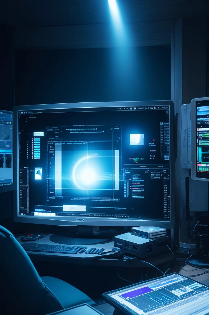 Image of video editor with blue light in the environment