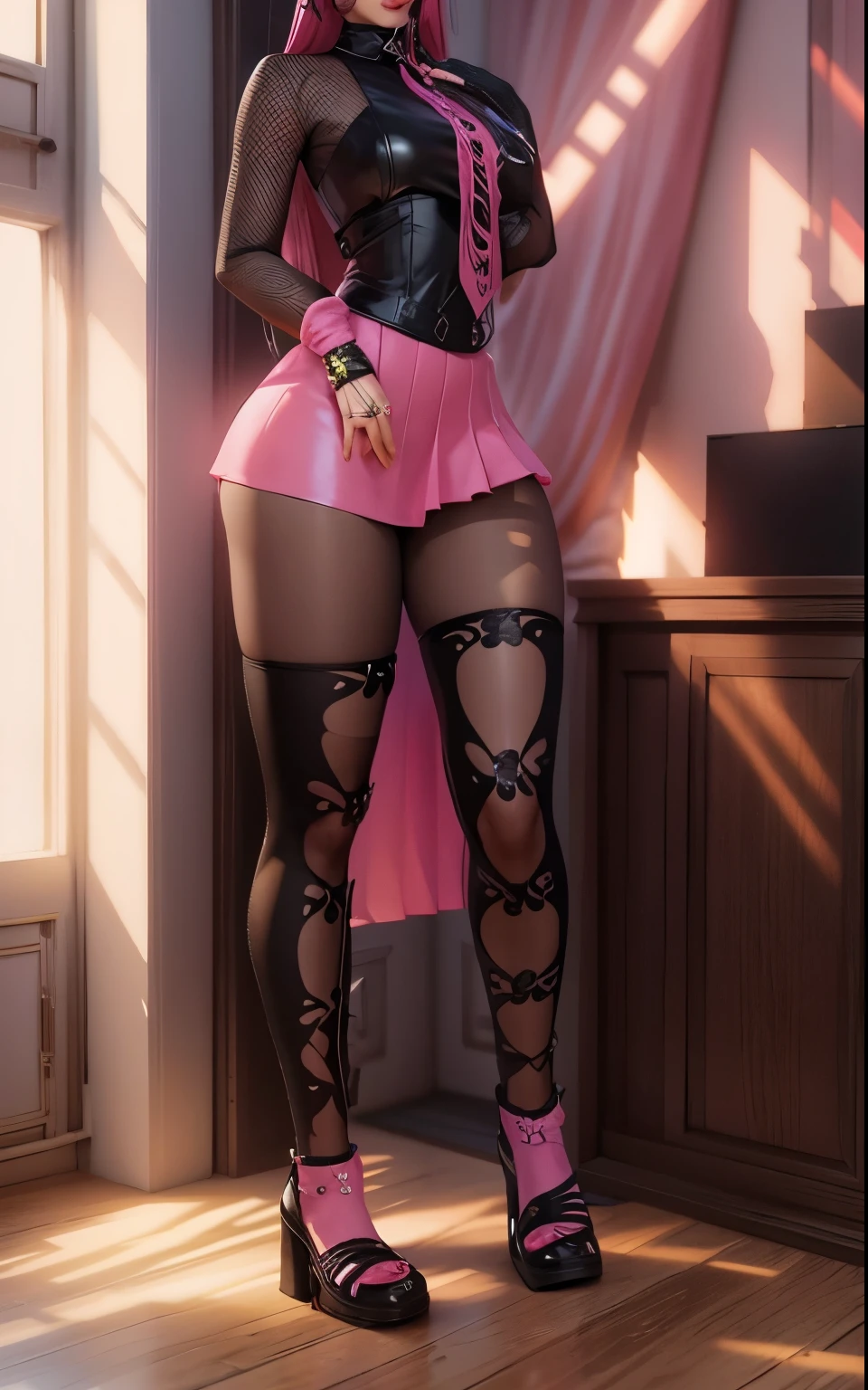 VATAR SECOND LIFE Korean girl wearing pink dress blouse, Asian,  Perfect and detailed face, imvu, maximalist details, AVATAR SECOND LIFE Korean blusa , neon, black skirt and tights