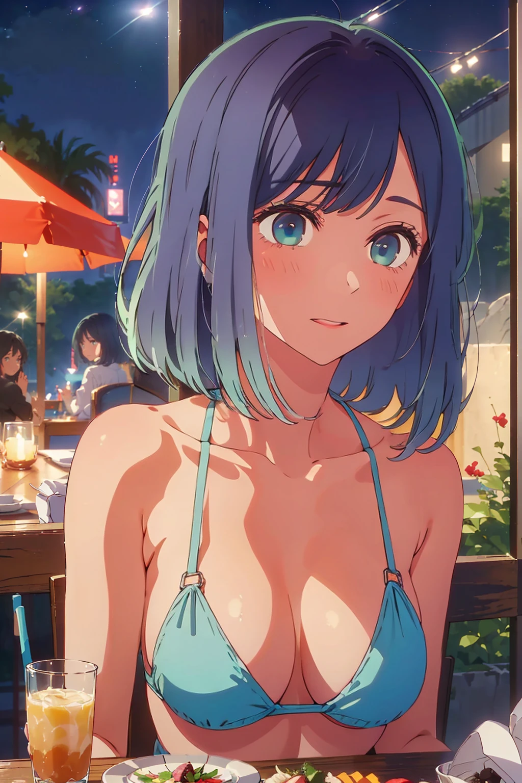 (Highest quality:1.4、masterpiece:1.uper detailed:1.4、8K:1.4)、((((1 person、Surprised expression、sit、Outdoor café terrace、coastal、juice、table、Sandy Beach、juiceのグラスを持つ、Plain Bikini、Very soft boog eyes、Very cute face))))、(moonlight:1.4、at night:1.4)、F cup bust、Medium breast