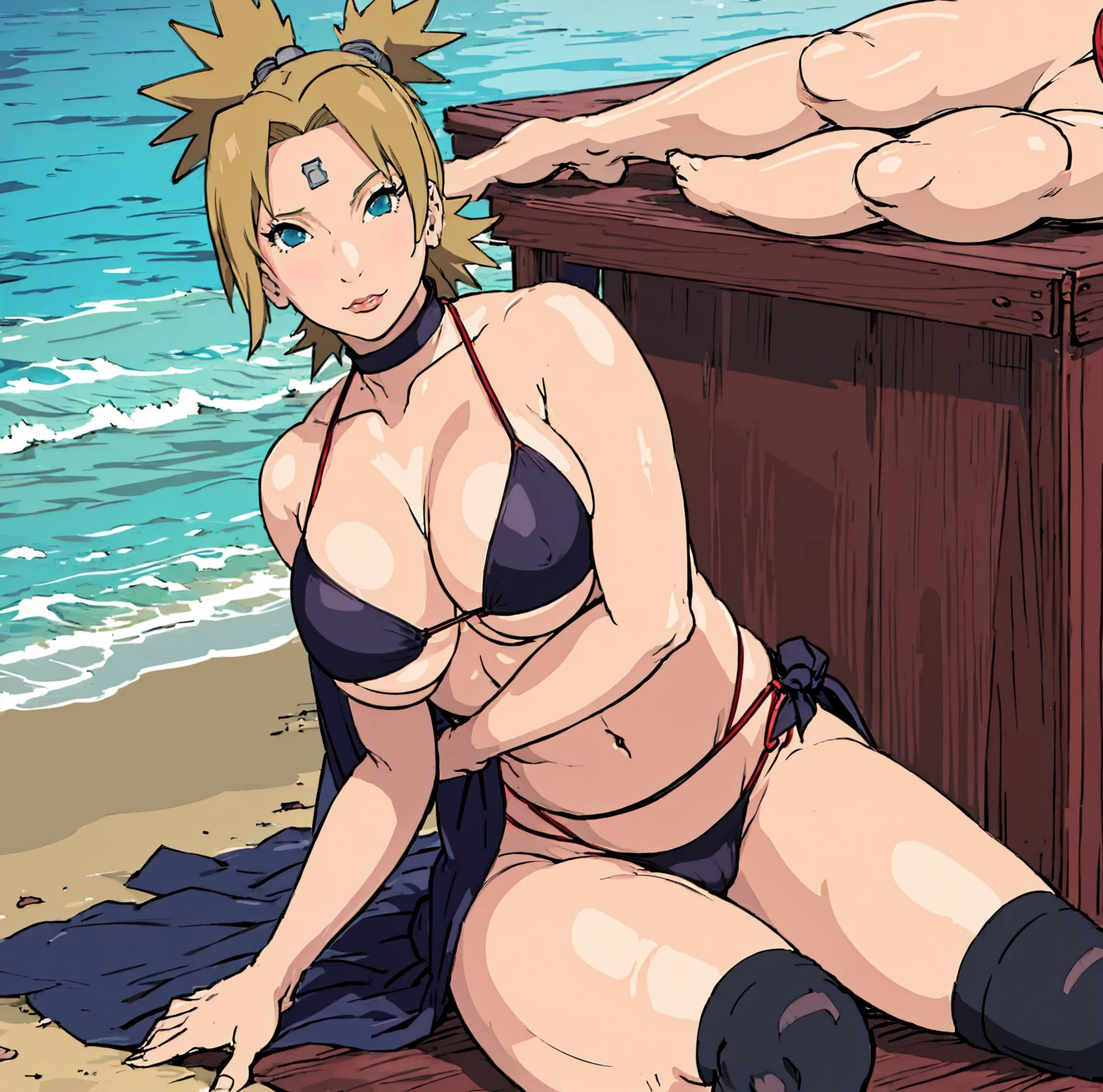 Temari in a sexy bikini on the beach, milf,big breast,thick milf,black stockings ,proper limbs ,towel tuck on best ,makeup,perfect face ,perfect eye