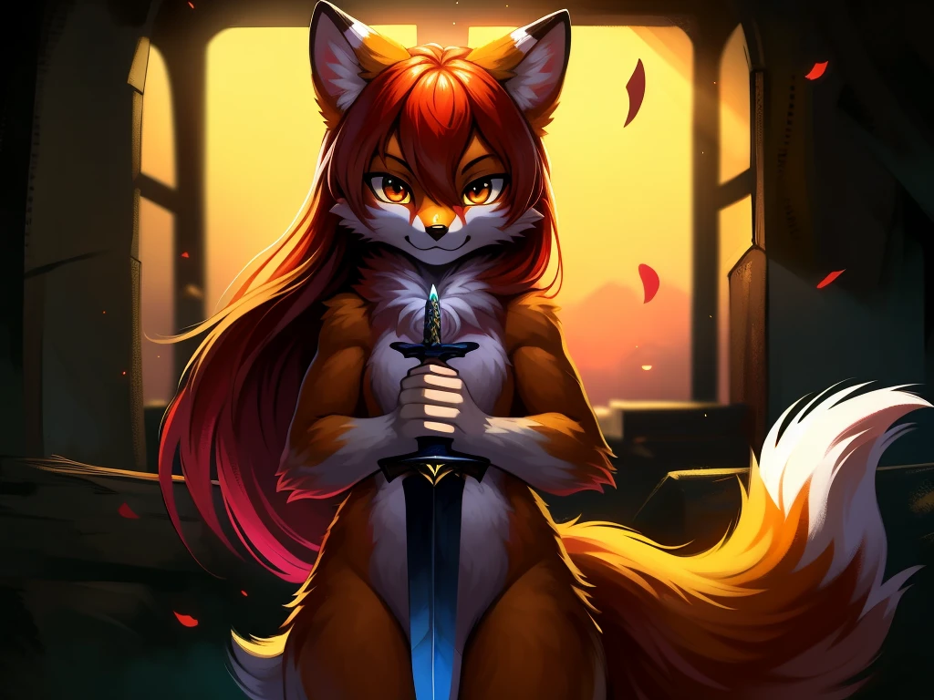 fox, orange fur, long long red hair, stripped fur, spotted fur, sword in hand, Very good figure, bright tone, warm color, colorful, masterpiece, super detail, high quality, best quality, highres