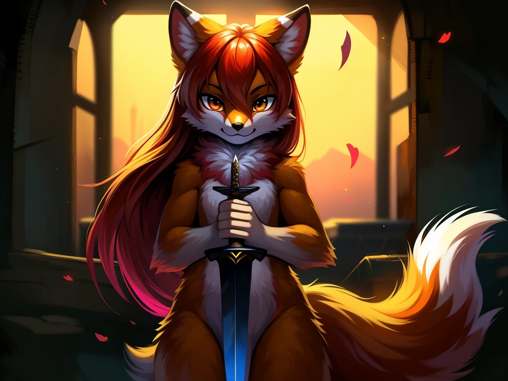fox, orange fur, long long red hair, stripped fur, spotted fur, sword in hand, Very good figure, bright tone, warm color, colorful, masterpiece, super detail, high quality, best quality, highres