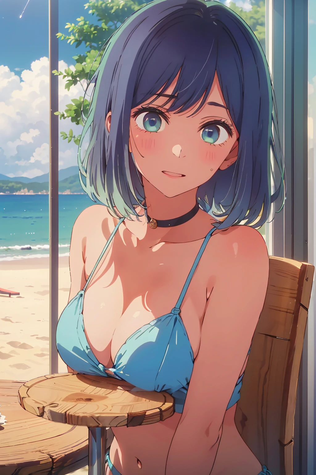 (Highest quality:1.4、masterpiece:1.4、Super detailed:1.4、8K:1.4)、((((1 person、Surprised expression、sit、Outdoor café terrace、coastal、juice、table、Sandy Beach、juiceのグラスを持つ、Plain Bikini、Very soft boobs、Big eyes、Very cute face))))、(moonlight:1.4、at midnight:1.4)、F cup bust、Medium breast