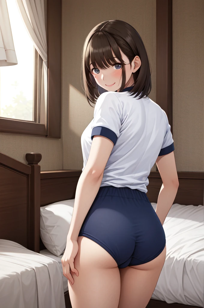 masterpiece, best quality, highres, aanene, short hair,(buruma:1.2),gym uniform, ass shot, cowboy shot, bed room, smile,steam,ahegao,