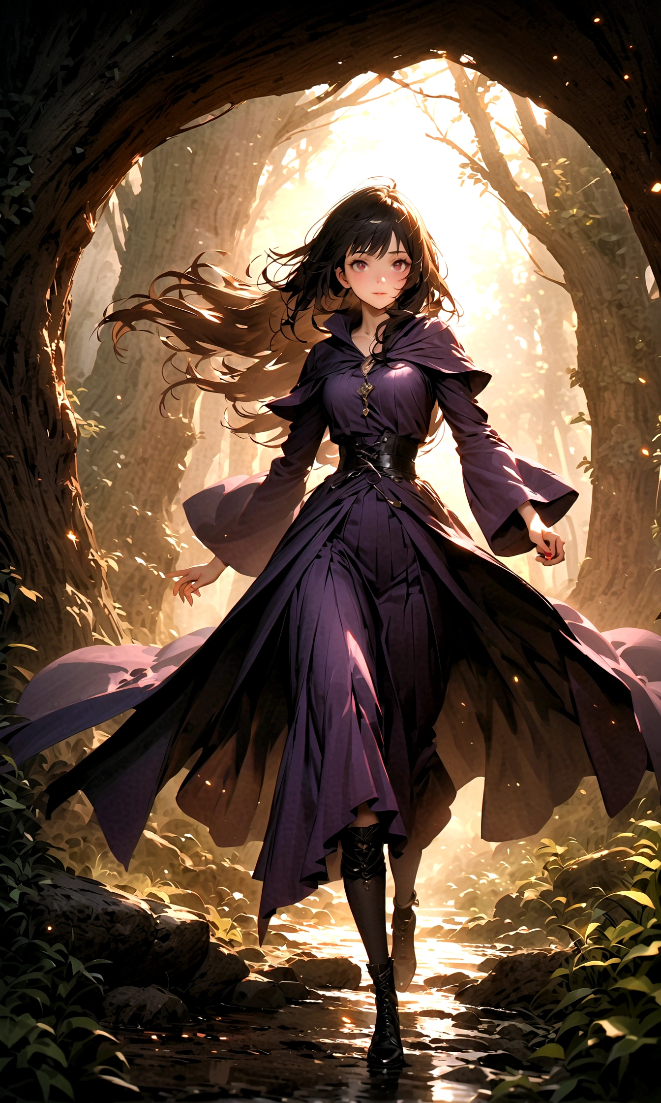 female (mage, age of 29, long hair, black hair, floating hair, dark colored eyes, black and purple robes, pale skin, mysterious face, piercing eyes) is invoking shadows), (shadows swirling around), beautiful dark forest scene, twisted trees and eerie atmosphere, summery twilight glow, (mist and dark particles floating in the air, creating a haunting effect), the noonday moon and stars visible, female is in a shadowy forest, BREAK, quality ( 4k, wallpaper of extremely detailed CG unit, masterpiece, high resolution, top-quality, top-quality real texture skin, hyper-realistic, increase the resolution, RAW photos, best quality, highly detailed, the wallpaper, cinematic lighting, ray trace, golden ratio), BREAK, Shot( Long shot, wide shot), BREAK, background(blurry)