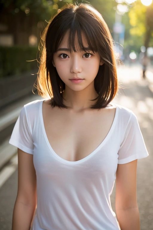 Lens: 135mm f1.8, (highest image quality), (tabletop: 1.1), (Beautiful Japanese  high school, (moist lips), narrow eyes, double eyelids, delicate collarbone, extremely , flat chest, undergrown chest, short cut, (Let's look at it again), (close:1.4), Embarrassment, faint smile, (spotted sunlight: 1.2), dramatic lighting, (Thin white T-shirt, nipples visible), (Tanned skin: 0.2), Full body photo, Full body focus