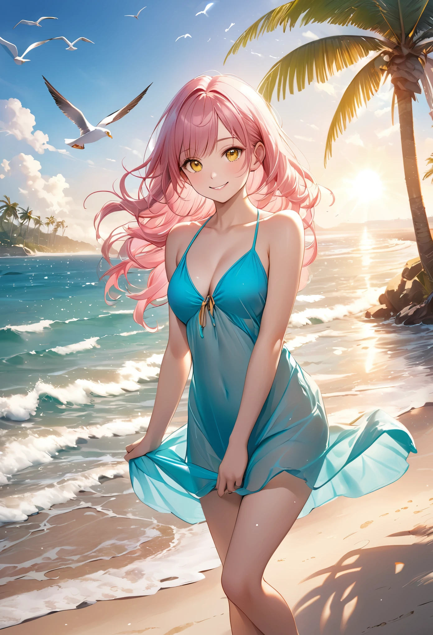 (pink-haired,beautiful,realistic) girl with (yellow) eyes, a (20-year-old) woman, (cute,sexy) swimsuit, (vividly colored) on a beach, (sandy,smooth) beach, clear (turquoise) water, (gentle,warm) breeze, (golden) sunlight reflecting on the waves, (playful) seagulls in the sky, (tropical) palm trees swaying, (endless) ocean horizon, (silky) sand between her toes, (sun-kissed) skin, (confident) pose, (energetic) smile, (relaxed) atmosphere, (unforgettable) summer day, (perfect) balance of relaxation and adventure, (memorable) experience by the sea