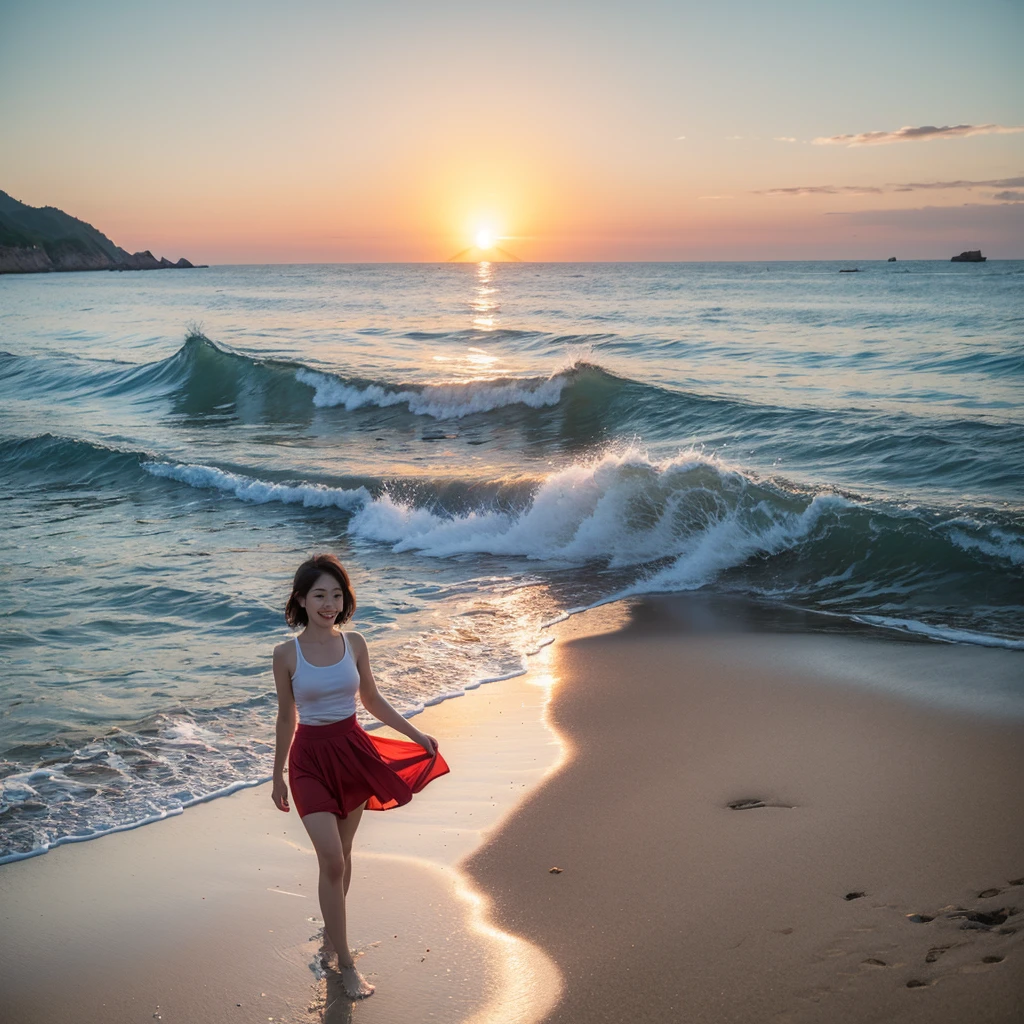 8K, sunset red sun on the beach,A strong lingering scent is reflected in the sea., Beautiful 36-year-old short Korean woman, Chest size 34 inches, Wear sleeveless, light and short white skirt. beautiful pretty woman look , wearing a light skirt , Go far into the sea water and dip your toes., Short medium hair blowing in the wind, 1 woman, beautiful eyes, a little smile, Full-body photo taken from afar with a wide-angle lens, Danang Beach in Vietnam with clean and perfect background, the waves are coming, The picture quality is very clear and clear