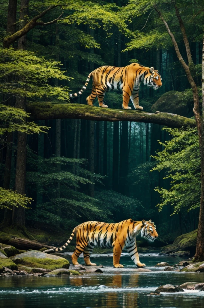 In the pristine forest, a mesmerizing tableau unfolds in unparalleled detail: tigers and bears coexist harmoniously amidst ancient trees, their contrasting forms and powerful presence captured in breathtaking 4K or 8K resolution. This vivid portrayal transports viewers into the heart of wild splendor, where nature's diversity and beauty thrive in perfect harmony.