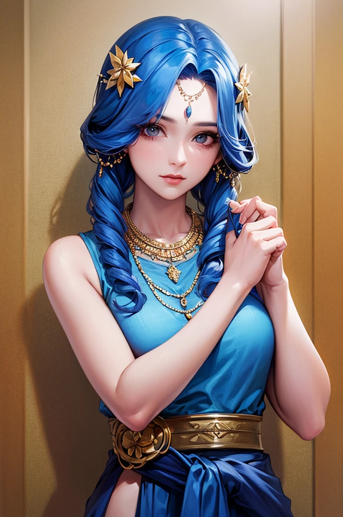 Highest quality, Learning, Detailed Hair, High resolution, (((itch))) ,necklace, hair ornaments, (Beautiful Face), Blue clothes, View your viewers, Blue Hair, Are standing, (Above the waist),Medusa