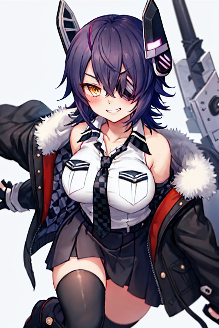 best quality, masterpiece, solo, {tenryuu_kantaicollection:1.15}, teen_girl, eyepatch, short_hair, purple_hair, yellow_eyes, headgear, breasts, necktie, large_breasts, smile, 1girl, blush, checkered_necktie, hair_over_one_eye, shirt, collared_shirt, white_shirt, jacket, sleeveless, brown_eyes, fur-trimmed_jacket, fur_trim, collarbone, looking_at_viewer, pocket, breast_pocket, grin, black_jacket, messy_hair, black_gloves, gloves, partially_fingerless_gloves,harbor_town_background,short_skirt,thigh-highs,boots,