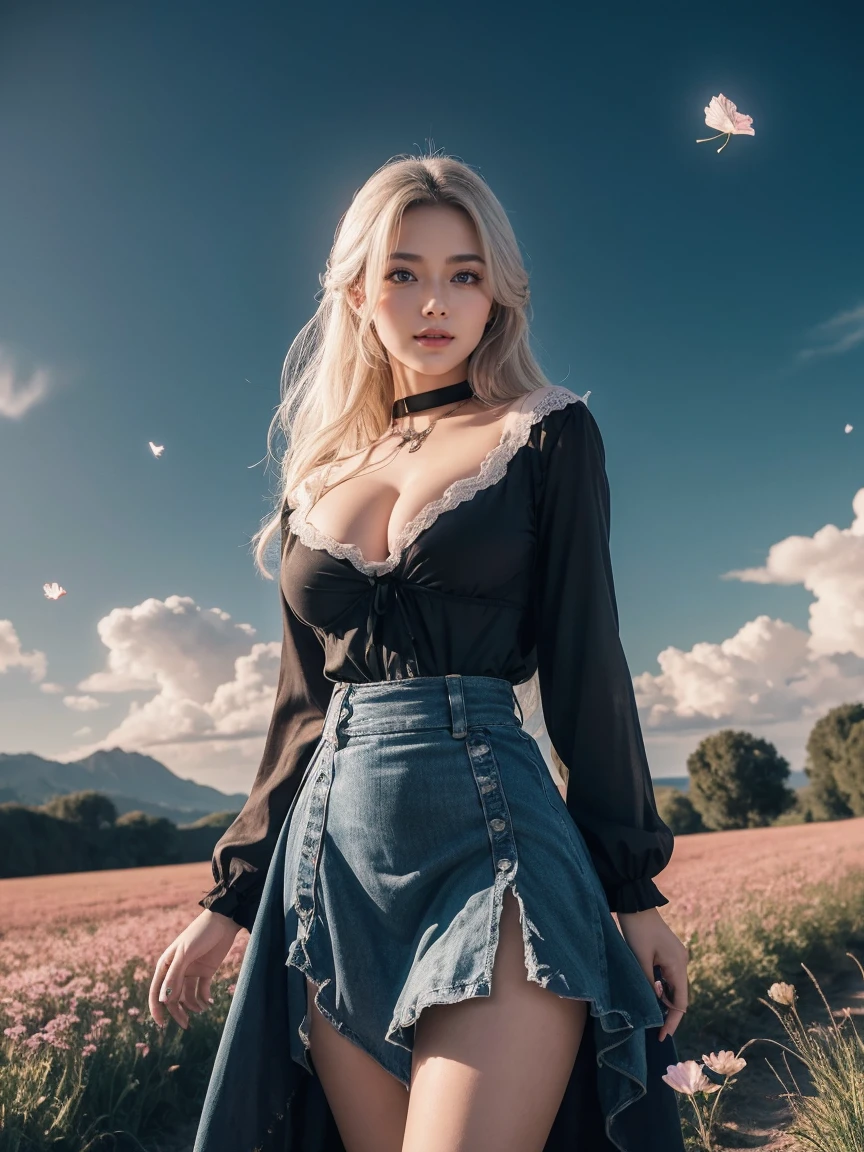 masterpiece, best quality,, 1girl, (colorful),(finely detailed beautiful eyes and detailed face),cinematic lighting,bust shot,extremely detailed CG unity 8k wallpaper,white hair,solo,smile,intricate skirt,((flying petal)),(Flowery meadow), sky, cloudy_sky, building, moonlight, moon, night, (dark theme:1.3), light, fantasy,