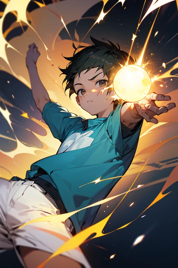 A boy of about holds his arms out in front of him, storing a sparking ball of energy between his hands.