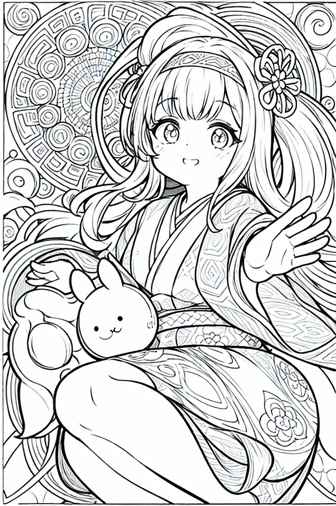 One girl, Create a baby chibi version of the Alice character in an 8K resolution, coloring pages, simplified zentangle, coloring book outline, black and white only, no outline, intricate designs, coloring book, celtic design, intricate lines, no gradients, Chibi, best quality, paper doll, shadow puppet, stained glass background, clockpunk, Andersen,A girl with a ponytail is wearing a kimono with a crane pattern, practicing kendo in a dojo, and wearing a headband as a hair accessory, It's sunny, Detailed eyes, clear outlines, kawaii pose, A smile, Raise your right hand, Eye Up, Laugh, radiant light, Taken from the side. She should look adorable and cute. Give him a smiling expression and a sweet smile on his face, capturing the essence of the character in a delicate and charming way.