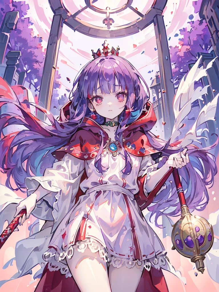 ((((Princess of Moonberg)))), ((1little girl)), ((drooing eyes)),(((deep purple hair))), ((Blunt bangs)), (Fluffy long hair), (Deep red eyes), Pearl earrings,
((((red hood)))), (Lotto emblem on hood), (((Red Stall))), ((White robe with red edging)),
Holding a magic staff in her left hand, cowboy shot,
Venice, Clear blue sky, rainy day,