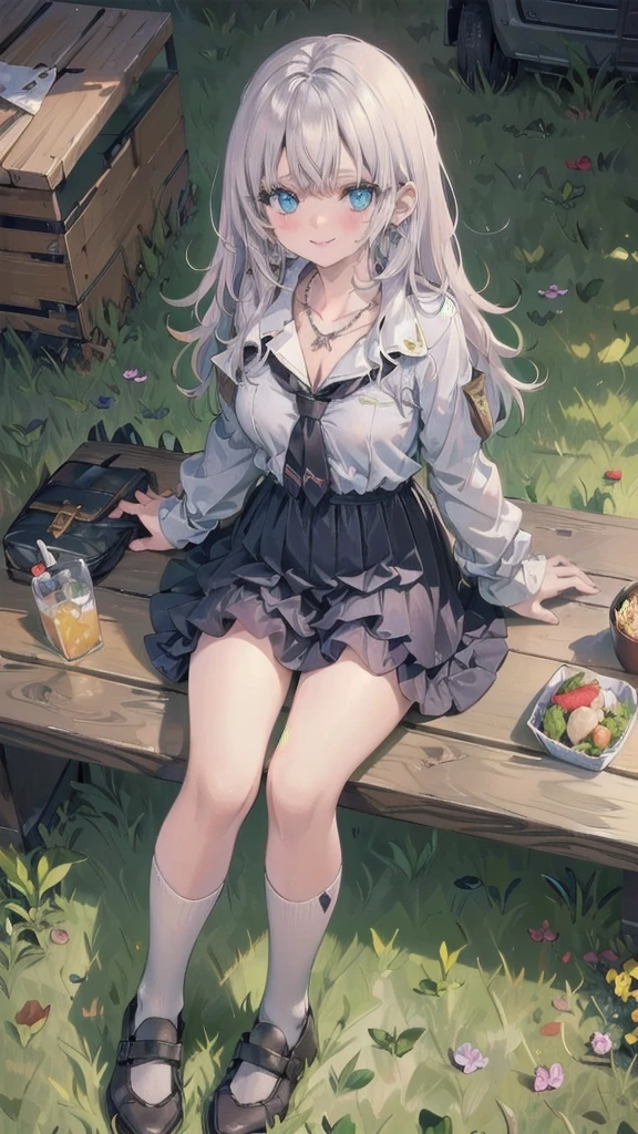 (Table Top: 1.3), (Max Resolution: 1.2), (Ultra HDTV: 1.2), cinematic light, Ultra HDTV, (delicate eyes and skin), (detailed facial features), nffsw, 8K resolution, perfect style, beautiful face, acura, anatomically correct, very detailed face and skin texture, narrow eyes, dark blue eyes, double eyelids, fine eyebrows, glitter eyeliner: 1.2, natural cheeks, glowing skin, fair skin: 1.2, small shiny necklace and earrings, (glossy lips: 1.4), break, absurd, one person perspective, (she is a high school student), wearing high She is wearing a high . (high socks (white above the knee)) and black school shoes), (seductive shy smile: 1.2), (looking at viewer), (mature and beautiful girl: 1.3)), (layered hairstyle, messy hair), (long silver hair: 1. 2), (one stupid hair on top of hair, right hair with red braided cord pinned up), (full body shot: 1.2), focus on face, ((very close relation: 1.2)), large breasts under shirt and swaying breasts, ((lunch break, sitting on bench in middle of lawn: 1.2)), ((school lunch break: 1.2)), (from directly above: 1.2)),