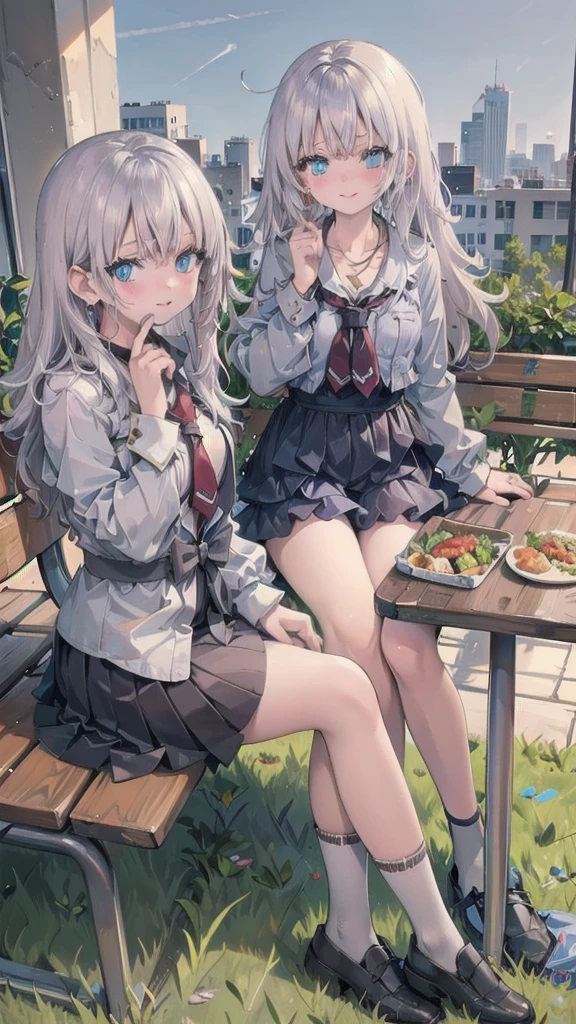 (Table Top: 1.3), (Max Resolution: 1.2), (Ultra HDTV: 1.2), cinematic light, Ultra HDTV, (delicate eyes and skin), (detailed facial features), nffsw, 8K resolution, perfect style, beautiful face, acura, anatomically correct, very detailed face and skin texture, narrow eyes, dark blue eyes, double eyelids, fine eyebrows, glitter eyeliner: 1.2, natural cheeks, glowing skin, fair skin: 1.2, small shiny necklace and earrings, (glossy lips: 1.4), break, absurd, one person perspective, (she is a high school student), wearing high She is wearing a high . (high socks (white above the knee)) and black school shoes), (seductive shy smile: 1.2), (looking at viewer), (mature and beautiful girl: 1.3)), (layered hairstyle, messy hair), (long silver hair: 1. 2), (one stupid hair on top of hair, right hair with red braided cord pinned up), (full body shot: 1.2), focus on face, ((very close relation: 1.2)), large breasts under shirt and swaying breasts, ((lunch break, sitting on bench in middle of lawn: 1.2)), ((school lunch break: 1.2)), (from directly above: 1.2)),