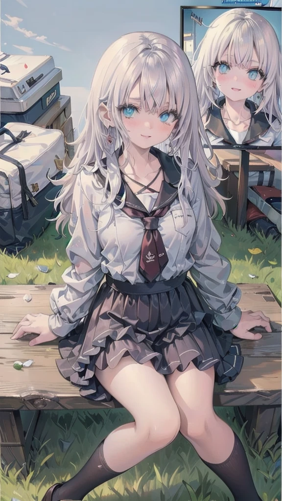 (Table Top: 1.3), (Max Resolution: 1.2), (Ultra HDTV: 1.2), cinematic light, Ultra HDTV, (delicate eyes and skin), (detailed facial features), nffsw, 8K resolution, perfect style, beautiful face, acura, anatomically correct, very detailed face and skin texture, narrow eyes, dark blue eyes, double eyelids, fine eyebrows, glitter eyeliner: 1.2, natural cheeks, glowing skin, fair skin: 1.2, small shiny necklace and earrings, (glossy lips: 1.4), break, absurd, one person perspective, (she is a high school student), wearing high She is wearing a high . (high socks (white above the knee)) and black school shoes), (seductive shy smile: 1.2), (looking at viewer), (mature and beautiful girl: 1.3)), (layered hairstyle, messy hair), (long silver hair: 1. 2), (one stupid hair on top of hair, right hair with red braided cord pinned up), (full body shot: 1.2), focus on face, ((very close relation: 1.2)), large breasts under shirt and swaying breasts, ((lunch break, sitting on bench in middle of lawn: 1.2)), ((school lunch break: 1.2)), (from directly above: 1.2)),