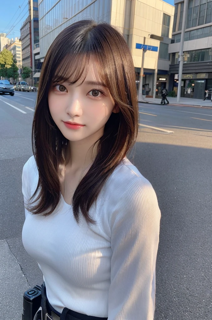 (8k, RAW photo, top quality, masterpiece: 1.2), (realistic, photorealistic: 1.37), ultra detail, ultra high resolution, one girl, beholder, beautiful detailed face, smile, constriction, (slim waist): 1.3), beautiful detailed skin, skin texture, floating hair, professional lighting, Japanese beautiful girl, long hair, bob cut, beautiful hair, 20 years old, attractive breasts, (huge breasts:1.2), beautiful shape breasts, full body from toes to head, standing, Shift gaze away, gaze into the distance, natural color hair, color inner hair, (police officer:1.4)