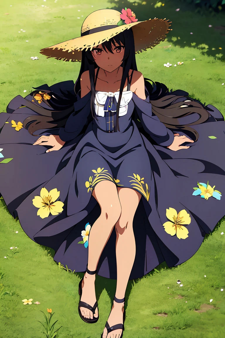 Anime girl, long black hair, flower pattern blue dress, straw hat, sandals, dark skin, whole body, park photography