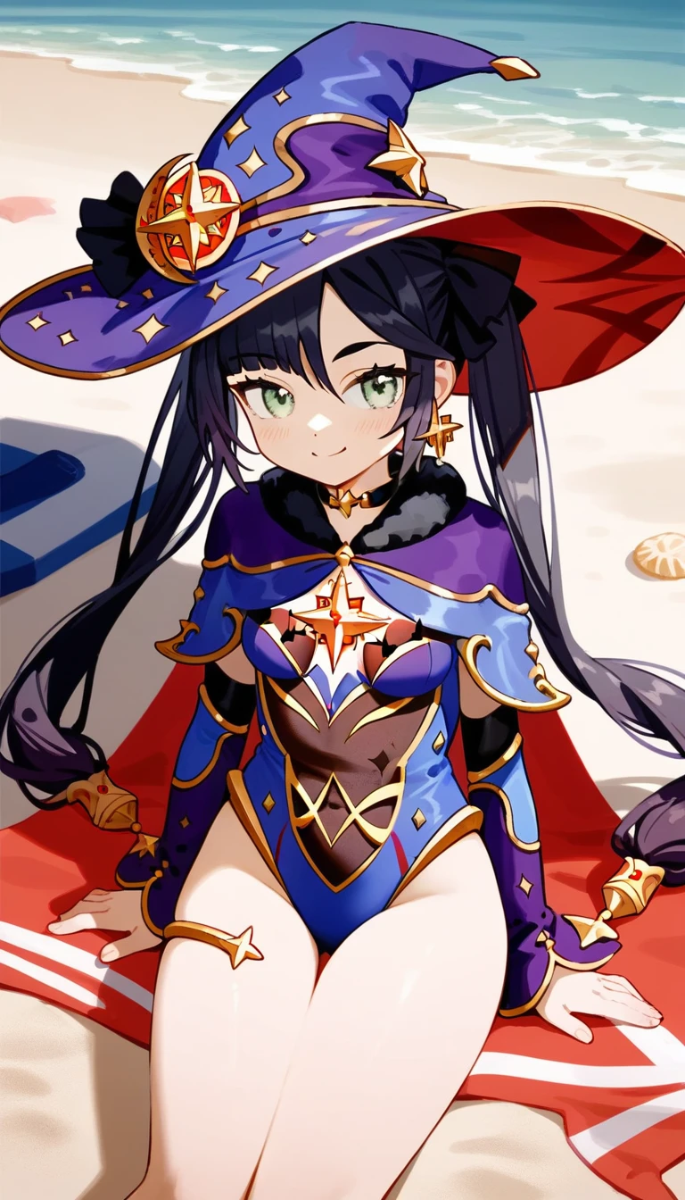 masterpiece,Ultra HD,score_4_上 BREAK source_anime,可愛いanimeイラスト, One girl, alone, Mona XL, Long black hair, Green Eyes, tsurime, Twin tails, Medium chest, Witch Hat,leotard, View your viewers,smile,beach,Sitting,