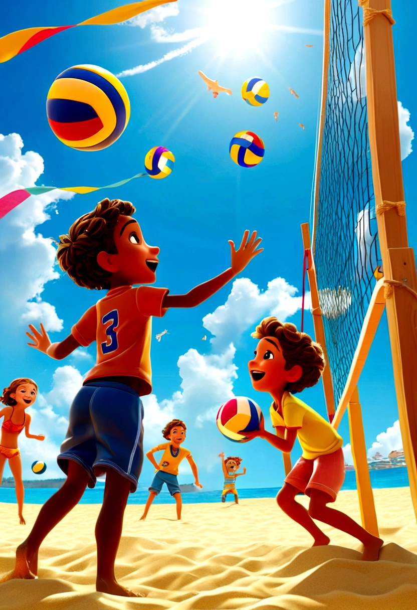 (Beach Volleyball player), Pixar style, children are happily playing volleyball on the beach, their faces filled with childlike joy. The background is a blue sky and a golden beach, and the picture is colorful, full of vitality and childlike fun, showcasing their gaming moments, full body, (Photography), panoramic view, award-winning, cinematic still, emotional, vignette, dynamic, vivid, (masterpiece, best quality, Professional, perfect composition, very aesthetic, absurdres, ultra-detailed, intricate details:1.3)