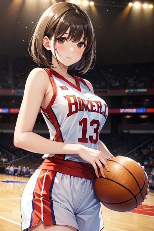 anegasaki nene、(Shiny brown hair, short hair, Beautiful brown eyes、Sparkling eyes, Fine grain)、smile、Ultra-detailed eyes、Highly detailed face, Highly detailed eyes,


(high quality, High resolution, Fine details), Realistic,Cowboy Shot、

(((Basketball Uniforms))),  (((Basketball court))), 
(8K, 最high quality, masterpiece:1.2),Depth of written boundary, Sharp focus,Sunbeam, Good composition,(Bokeh:1.2) One girl,alone,(whole body), (Mouth closed),Beautiful attention to detail, Pause, Tight waist,