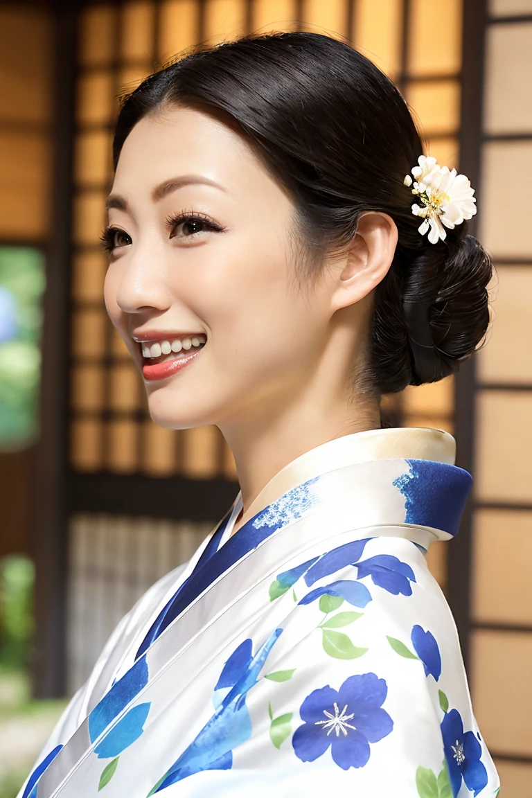 (Highest quality、Tabletop、8K、Best image quality、Award-winning works)、(One beautiful mature woman:1.1)、Adult face、(Innkeeper:1.1)、(A top-quality white kimono with an elegant floral pattern:1.2)、(A kimono with a perfect and precise collar:1.2)、Perfect mature woman portrait photo、Glowing Skin、Standing Elegantly、(The most realistic and perfect summer festival background:1.2)、(Strongly blurred background:1.2)、Glowing Skin、Very beautiful skin、(Accentuate your body lines:1.1)、(The most graceful posture:1.2)、(Large Breasts:1.2)、A perfect smile、Perfect beautiful glossy lips、(Accurate anatomy:1.2)、(A perfect and elegant outfit:1.1)、(Standing with good posture:1.1)、(Beautiful, elegant and top-quality patterned kimono:1.2)、、(Perfect and natural beautiful sleeves:1.2)、(A perfect and natural beautiful collar:1.2)、(Perfect and natural beautiful sleeves:1.2)、(An elegant and high-quality patterned kimono obi:1.4)、(A perfect and natural beautiful kimono obi:1.1)、(Chignon:1.2)、(Close-up of face:1.4)