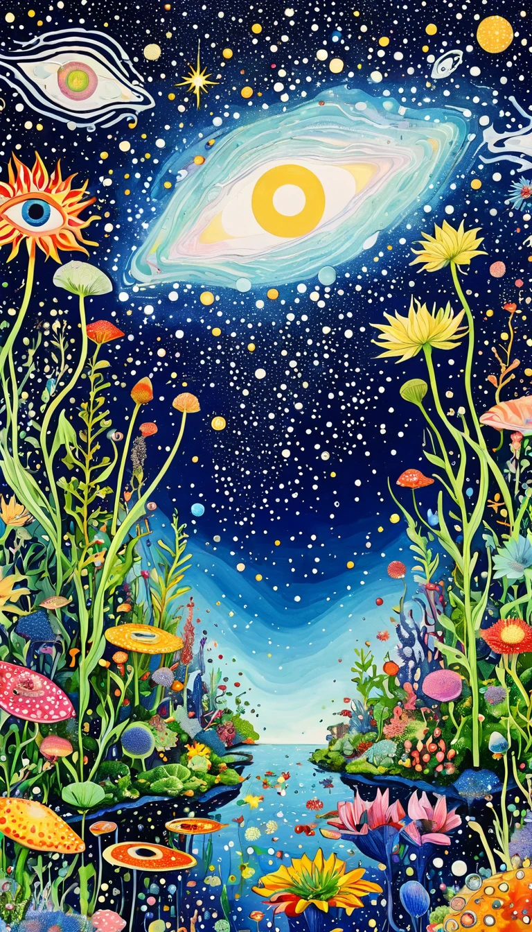 plant、Aquatic organisms、Eye、Starry Sky,An abstract painting at the joint,Describing the inner world of autistic people,Sense of space,White Space,Pointillism method