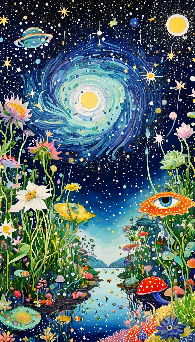 plant、Aquatic organisms、Eye、Starry Sky，An abstract painting at the joint，Describing the inner world of autistic people，Sense of space，White Space，Pointillism method