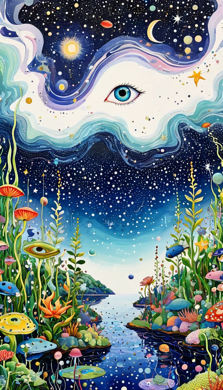 plant、Aquatic organisms、Eye、Starry Sky,An abstract painting at the joint,Describing the inner world of autistic people,Sense of space,White Space,Pointillism method