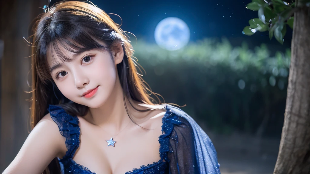 A very cute face like an idol、Looks like a young face、20-year-old female、Gentle and cute、Cleavage、Beautiful moon and starry night、Moonlight only、RAW Photos、Genuine、live-action、(Artistry)、(Artistic Expression)、Real Stick、High resolution、masterpiece