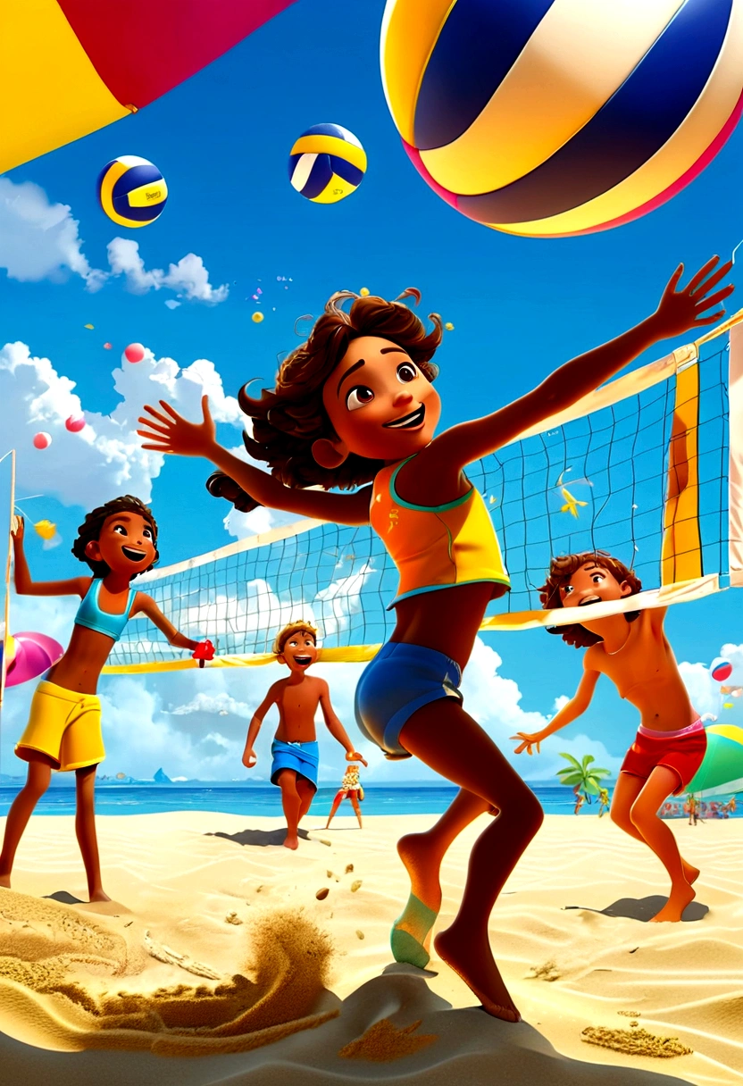 (Beach Volleyball player), Pixar style, children are happily playing volleyball on the beach, their faces filled with childlike joy. The background is a blue sky and a golden beach, and the picture is colorful, full of vitality and childlike fun, showcasing their gaming moments, full body, (Photography), panoramic view, award-winning, cinematic still, emotional, vignette, dynamic, vivid, (masterpiece, best quality, Professional, perfect composition, very aesthetic, absurdres, ultra-detailed, intricate details:1.3)