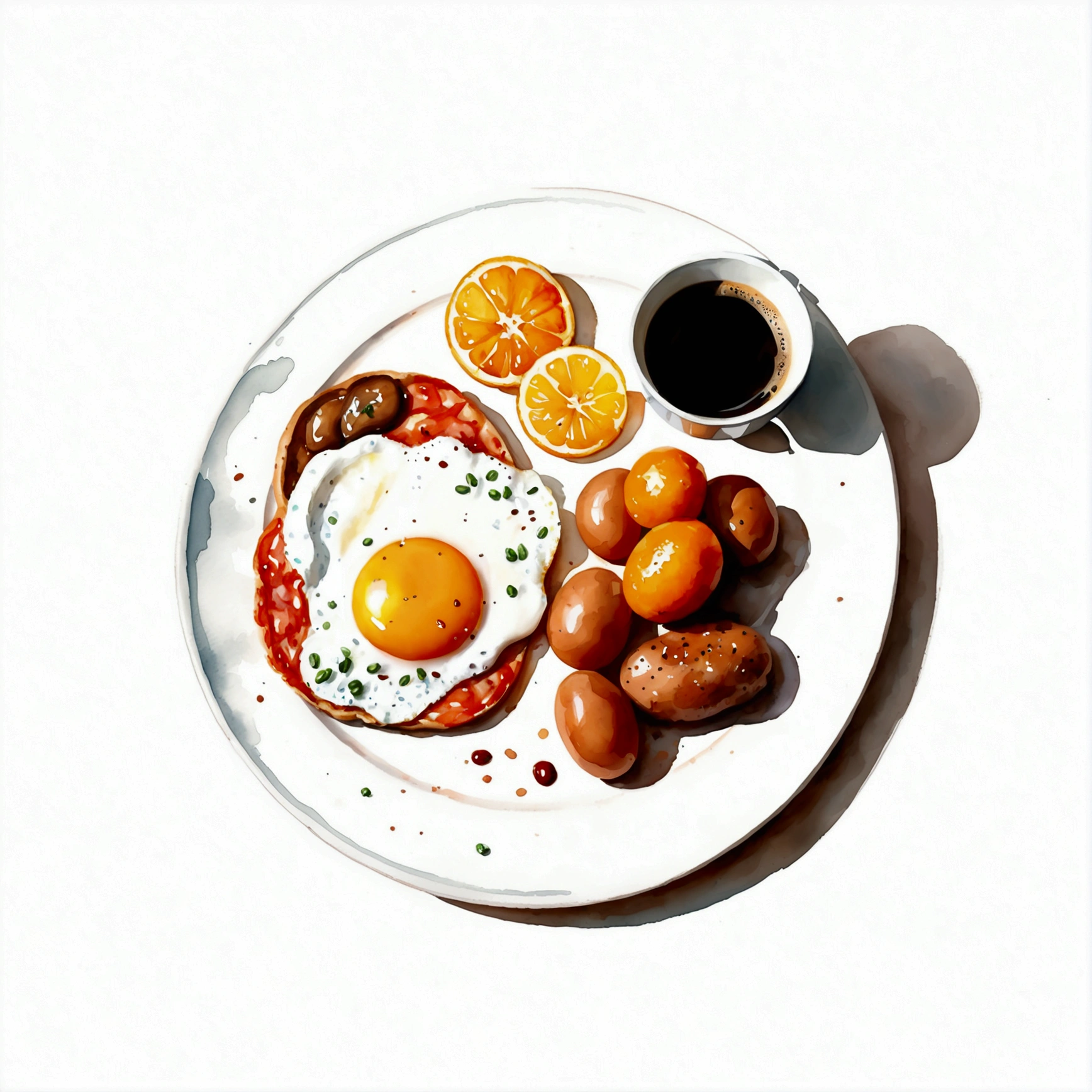 a very clean image painting of a full english breakfast menu, full dining set, ((watercolor)), solid white background, center composition, negative space around the object, washed out color, detailed masterpiece, loose drawing, clipart, vector art, illustration, a cup of (coffee), an orange juice,