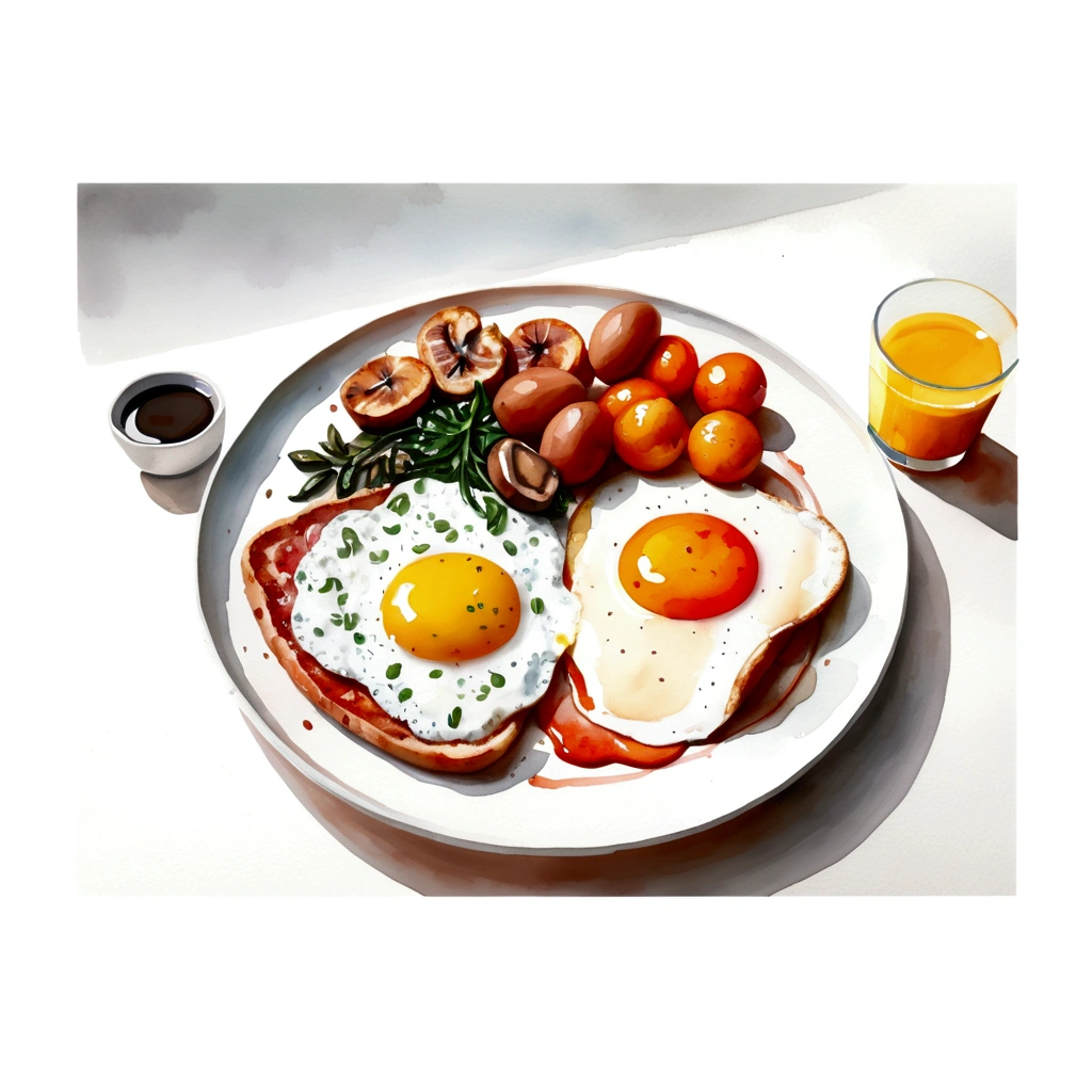a very clean image painting of a full english breakfast menu, full dining set, ((watercolor)), solid white background, center composition, negative space around the object, washed out color, detailed masterpiece, loose drawing, clipart, vector art, illustration, a cup of (coffee), an orange juice,