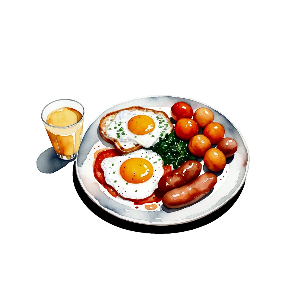 a very clean image painting of a full english breakfast menu, full dining set, ((watercolor)), solid white background, center composition, negative space around the object, washed out color, detailed masterpiece, loose drawing, clipart, vector art, illustration, a cup of (coffee), an orange juice, 