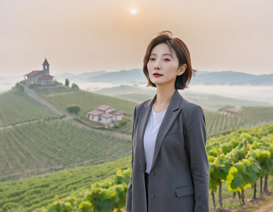 8k best picture quality, Beautiful 36-year-old Korean woman, short and nice weather. Chest size 34 inches, Dense fog at dawn in the Italian countryside, past the vineyard, The cathedral is visible in the fog in the distance., The back background is realistic and vivid quality., Short and medium hair blowing in the wind,Wear comfortable clothes for traveling, a faint smile. the background is clear, Short and slim Korean woman, stand far away, Photo taken with a wide-angle lens, Taken from a hill overlooking a misty vineyard, Full body photo taken with Canon Mark 5 camera 16-35 wide angle lens