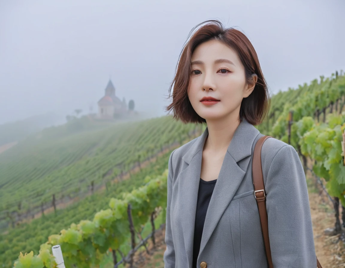 8k best picture quality, Beautiful 36-year-old Korean woman, short and nice weather. Chest size 34 inches, Dense fog at dawn in the Italian countryside, past the vineyard, The cathedral is visible in the fog in the distance., The back background is realistic and vivid quality., Short and medium hair blowing in the wind,Wear comfortable clothes for traveling, a faint smile. the background is clear, Short and slim Korean woman, stand far away, Photo taken with a wide-angle lens, Taken from a hill overlooking a misty vineyard, Full body photo taken with Canon Mark 5 camera 16-35 wide angle lens