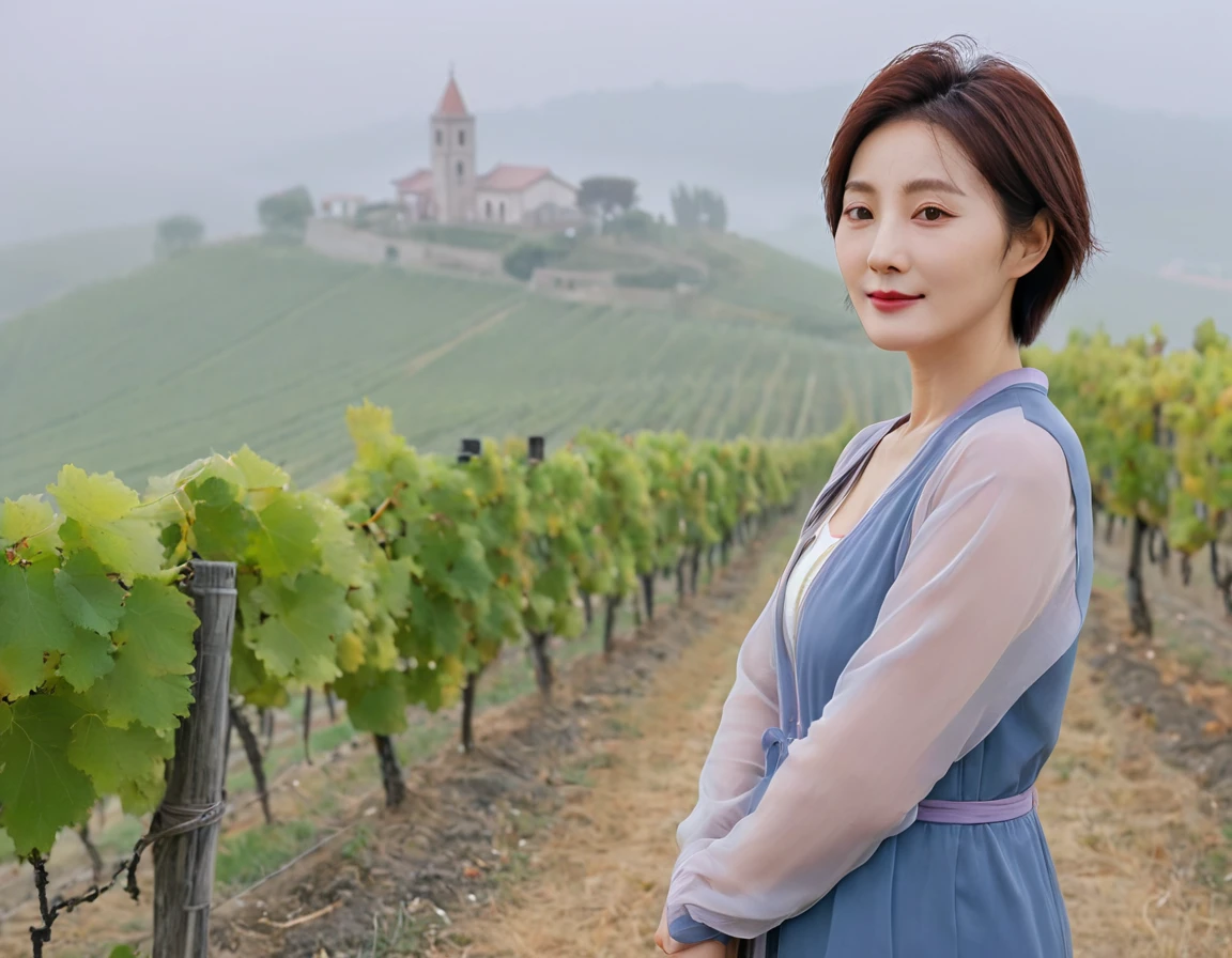 8k best picture quality, Beautiful 36-year-old Korean woman, short and nice weather. Chest size 34 inches, Dense fog at dawn in the Italian countryside, past the vineyard, The cathedral is visible in the fog in the distance., The back background is realistic and vivid quality., Short and medium hair blowing in the wind,Wear comfortable clothes for traveling, a faint smile. the background is clear, Short and slim Korean woman, stand far away, Photo taken with a wide-angle lens, Taken from a hill overlooking a misty vineyard, Full body photo taken with Canon Mark 5 camera 16-35 wide angle lens