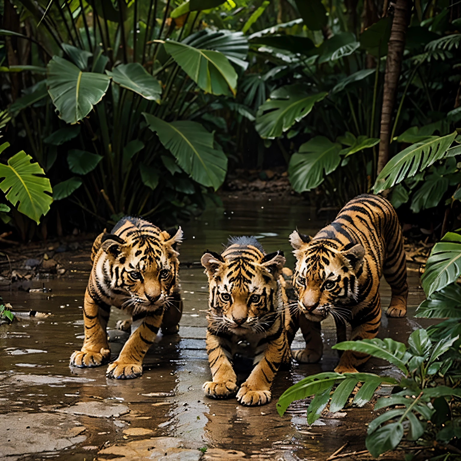 three baby Panthera tigris playing together, rain forest, Thailand, bird eye view