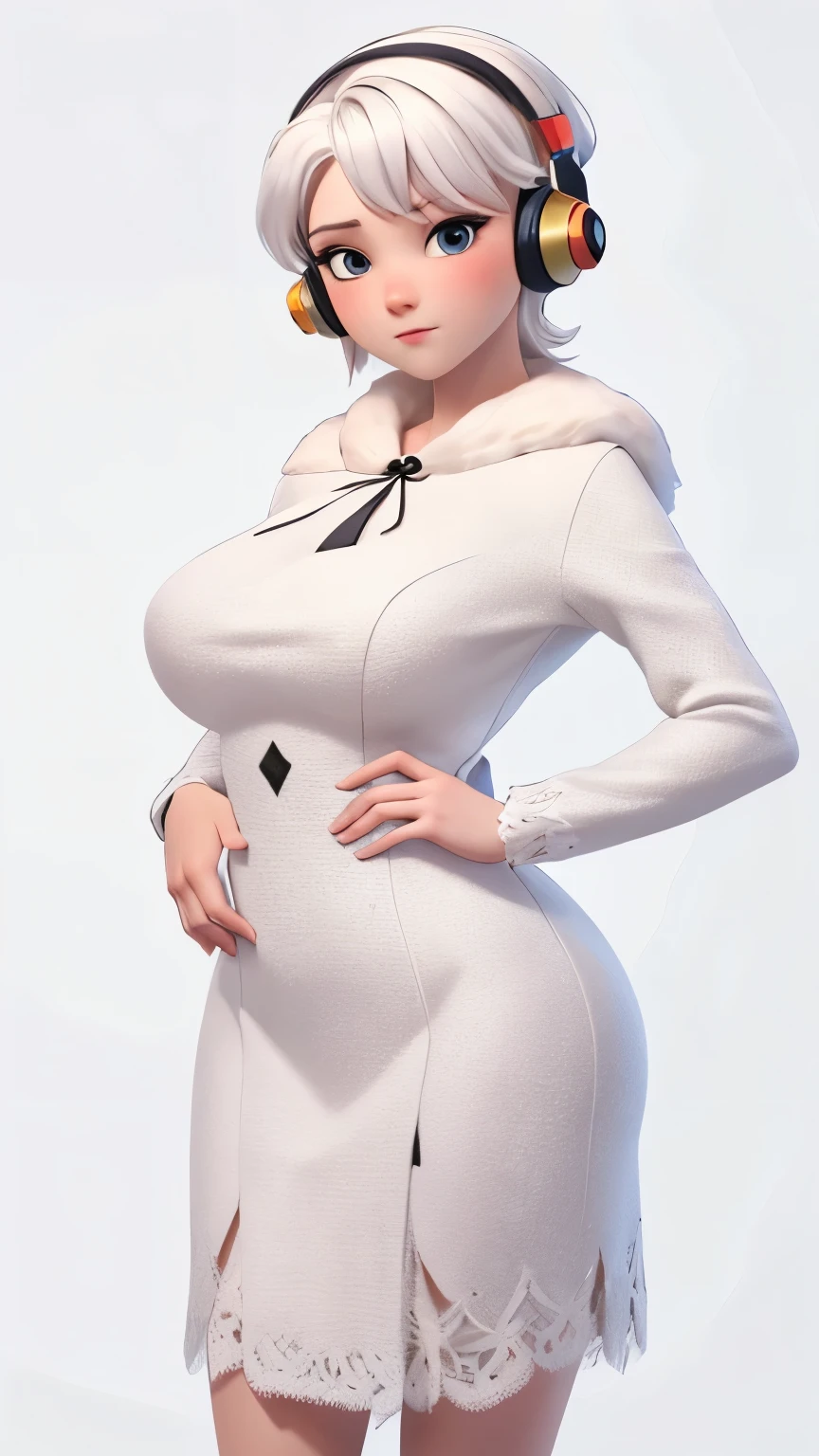 (1 girl, Alone, Masterpiece, 4k, Best Quality:1.2, (cowboy shot), Best Quality:1.2, good hands, showy, (perfect hands, perfect anatomy)), 
utaop, headphones,blush, White dress, fur over one, red and white hair, multicolor fur, High average, 
((medium breasts, big hips, looking at the viewer)), 
((simple background, White background)), 