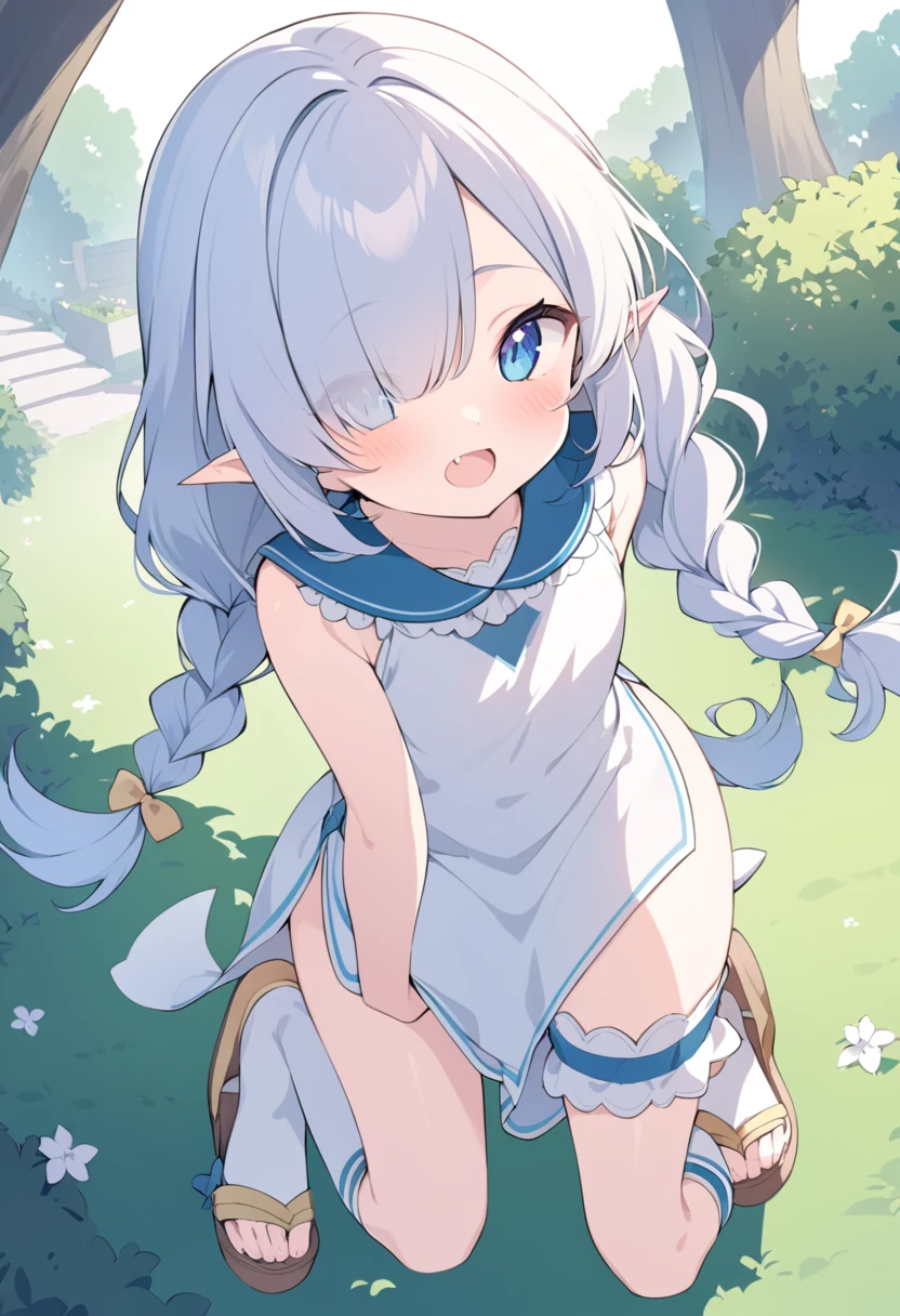 woman with light blue hair, ((elf ears)), perfect hands, blush, long hair, bunny outfit, white bunny ears headband, in nature, standing on grass, photo from the back, detailed, masterpiece, ultra high quality
