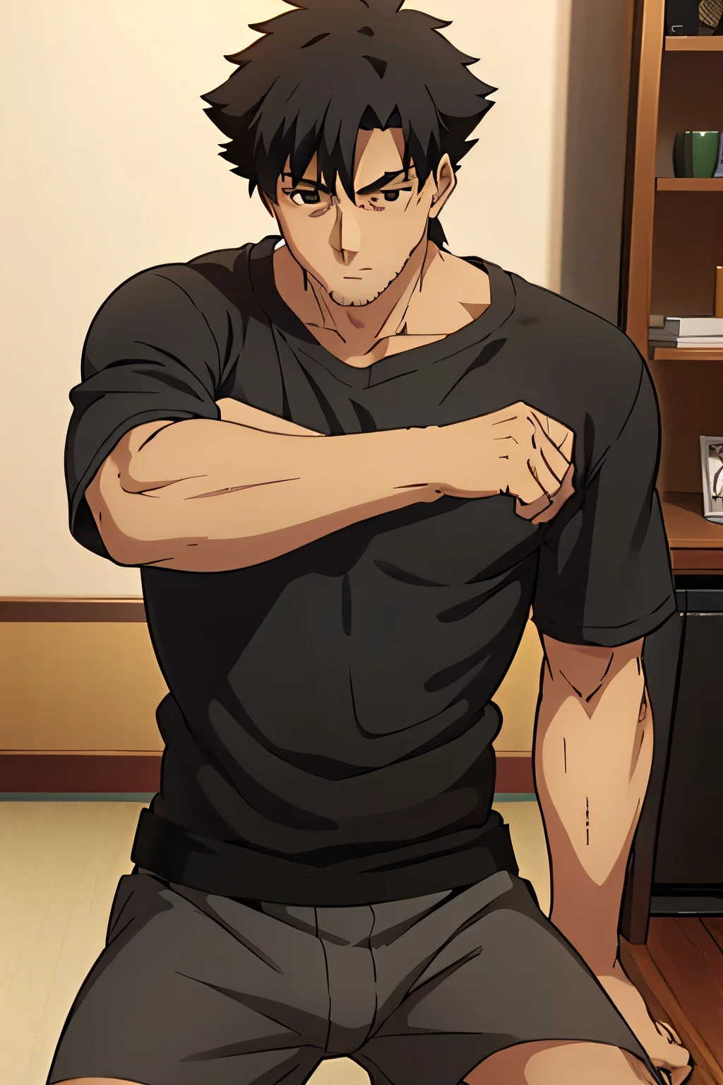 Kiritsugu is sitting and flexing his arms. He wears black short boxershorts. You can see his thighs completely. He wears a black tshirt with short sleeves. His right sleeve is completely rolled up, so you can see his entire arm and shoulder. He has a huge bulge. You can see his abs too.