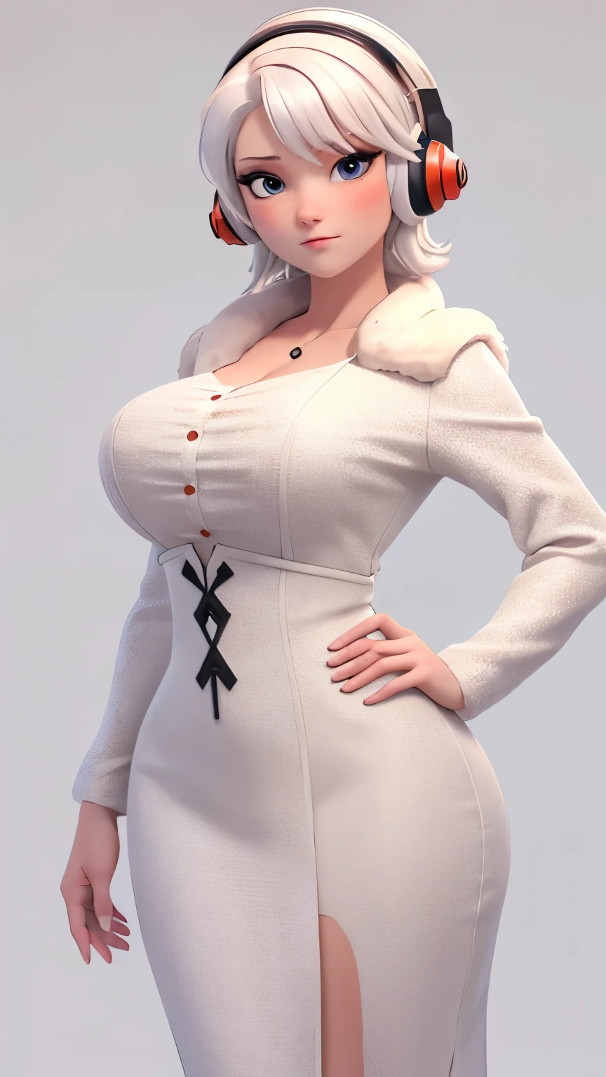 (1 girl, Alone, Masterpiece, 4k, Best Quality:1.2, (cowboy shot), Best Quality:1.2, good hands, showy, (perfect hands, perfect anatomy)), 
utaop, headphones,blush, White dress, fur over one, red and white hair, multicolor fur, High average, 
((medium breasts, big hips, looking at the viewer)), 
((simple background, White background)), 