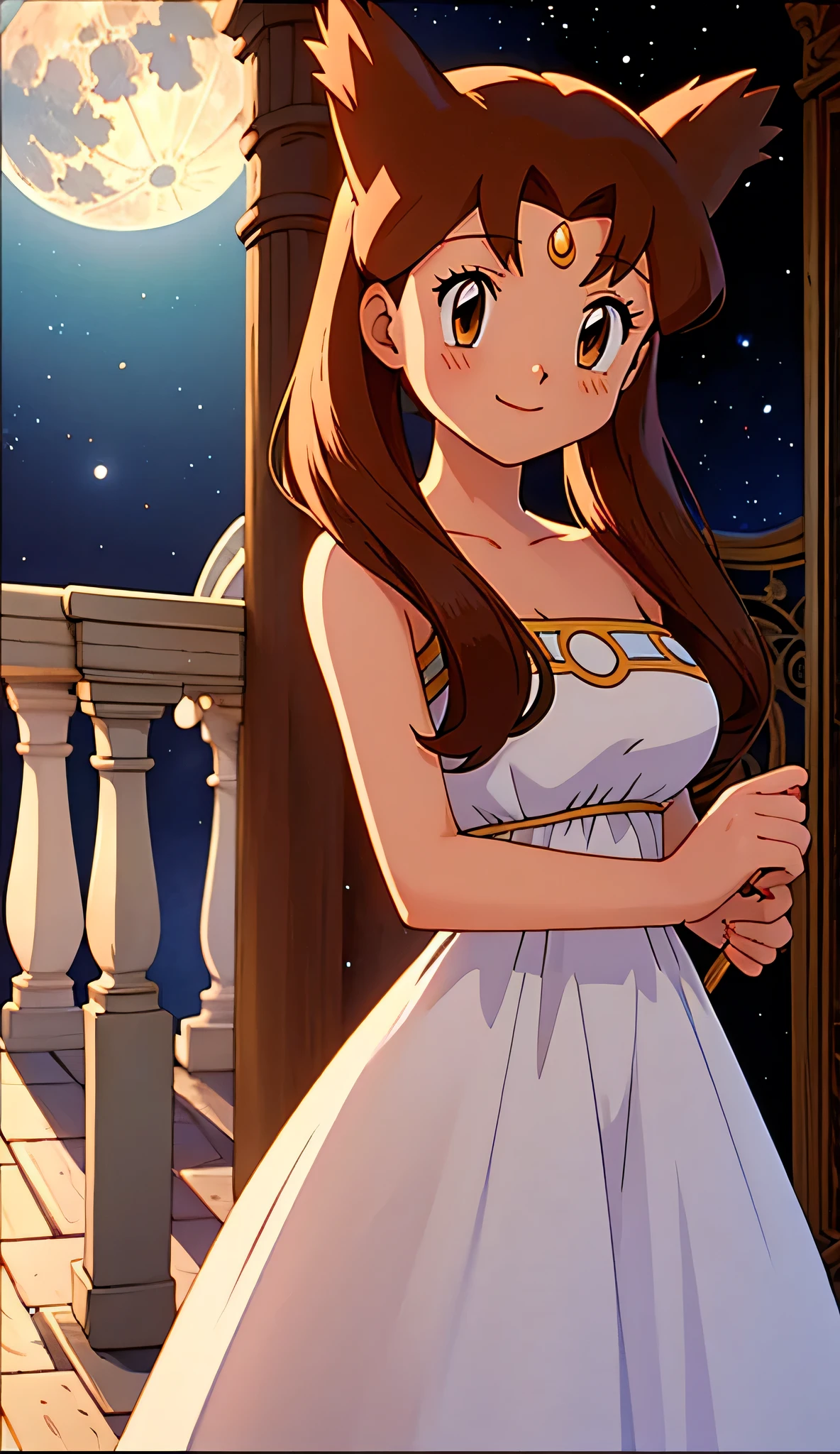 masterpiece, best quality, ultra-detailed, illustration, beautiful detailed eyes, very detailed illustration, cinematic lighting, 1 girl, solo, Pokemon Heroes (Bianca), Brown Hair, brown eyes, 1 girl, solo, princess serenity’s white maxi dress, full moon, mansion, anime screencap, high quality, light smile, standing,
