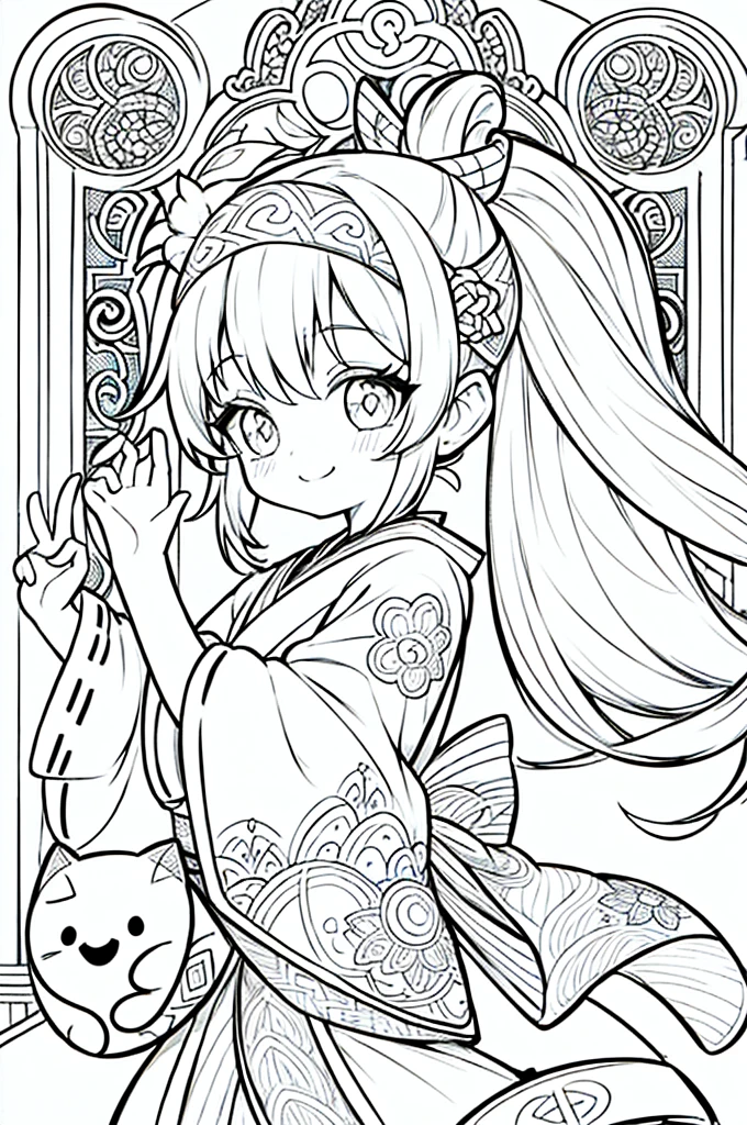 One girl, Create a baby chibi version of the Alice character in an 8K resolution, coloring pages, simplified zentangle, coloring book outline, black and white only, no outline, intricate designs, coloring book, celtic design, intricate lines, no gradients, Chibi, best quality, paper doll, shadow puppet, stained glass background, clockpunk, Andersen,A girl with a ponytail is wearing a kimono with a crane pattern, practicing kendo in a dojo, and wearing a headband as a hair accessory, It's sunny, Detailed eyes, clear outlines, kawaii pose, A smile, Raise your right hand, Eye Up, Laugh, radiant light, Taken from the side. She should look adorable and cute. Give him a smiling expression and a sweet smile on his face, capturing the essence of the character in a delicate and charming way.