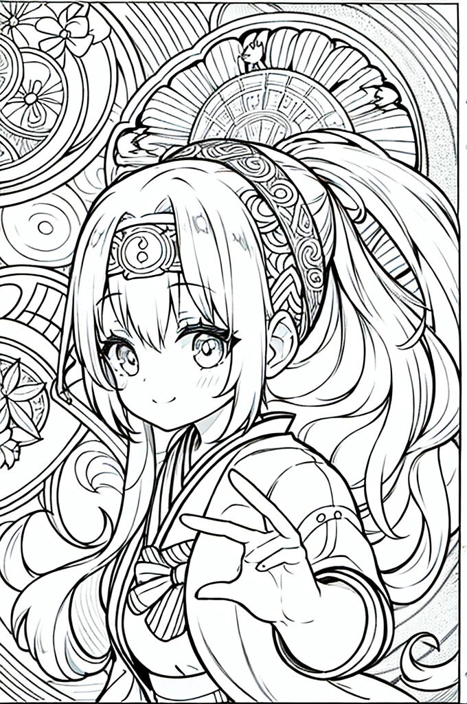 One girl, Create a **** chibi version of the Alice character in an 8K resolution, coloring pages, simplified zentangle, coloring book outline, black and white only, no outline, intricate designs, coloring book, celtic design, intricate lines, no gradients, Chibi, best quality, paper doll, shadow puppet, stained glass background, clockpunk, Andersen,A girl with a ponytail is wearing a kimono with a crane pattern, practicing kendo in a dojo, and wearing a headband as a hair accessory, It's sunny, Detailed eyes, clear outlines, kawaii pose, A smile, Raise your right hand, Eye Up, Laugh, radiant light, Taken from the side. She should look adorable and cute. Give him a smiling expression and a sweet smile on his face, capturing the essence of the character in a delicate and charming way.